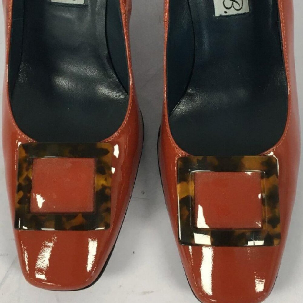 DIANE B Women's Patent Leather Square Toe Buckle Heels Orange 39.5